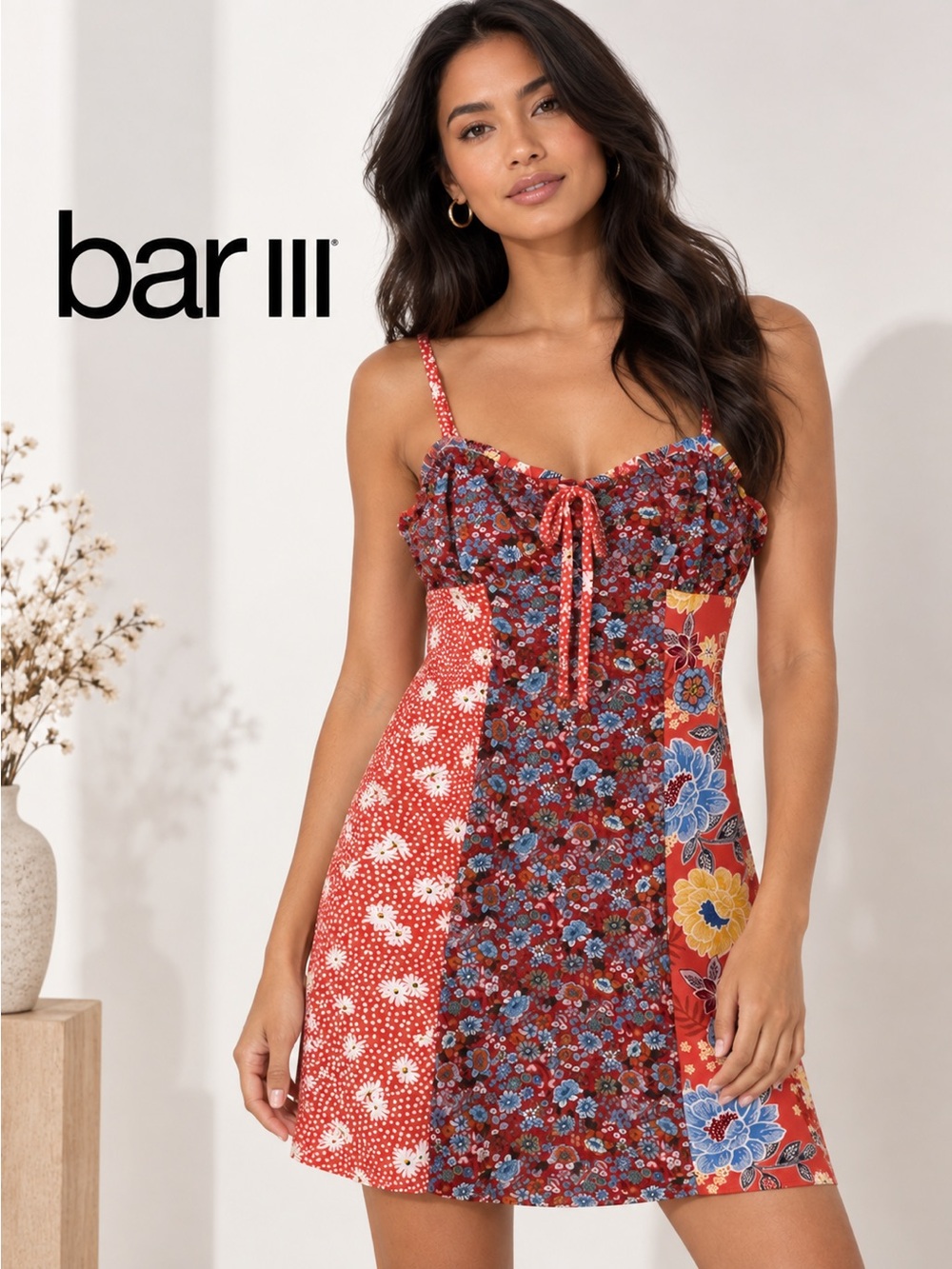 Bar III Patchwork Floral Mini Dress Spaghetti Strap Multi-Color S